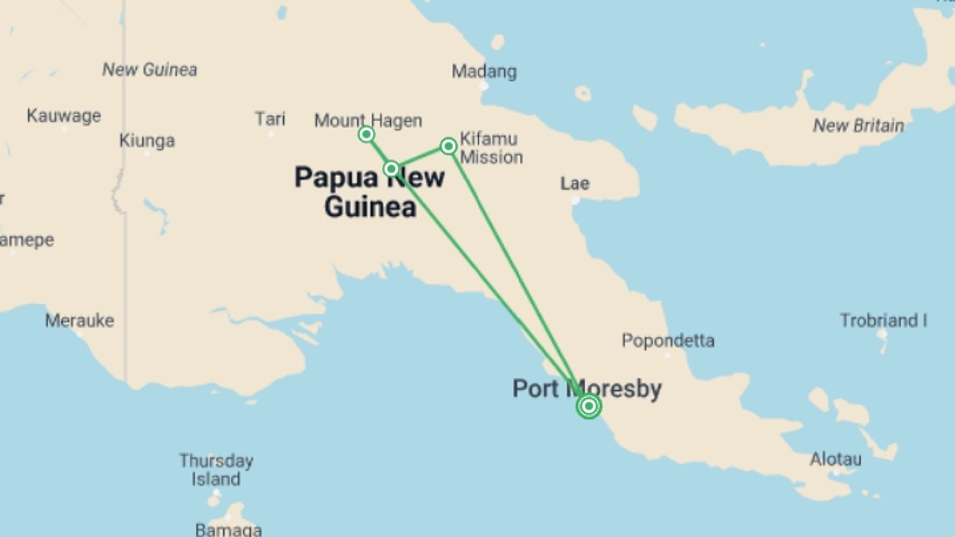 A map showing the tour itinerary for the trip: Papua New Guinea Tribal Tour, starting in Port Moresby, Papua New Guinea and ending in Port Moresby, Papua New Guinea going through 3 other destinations.