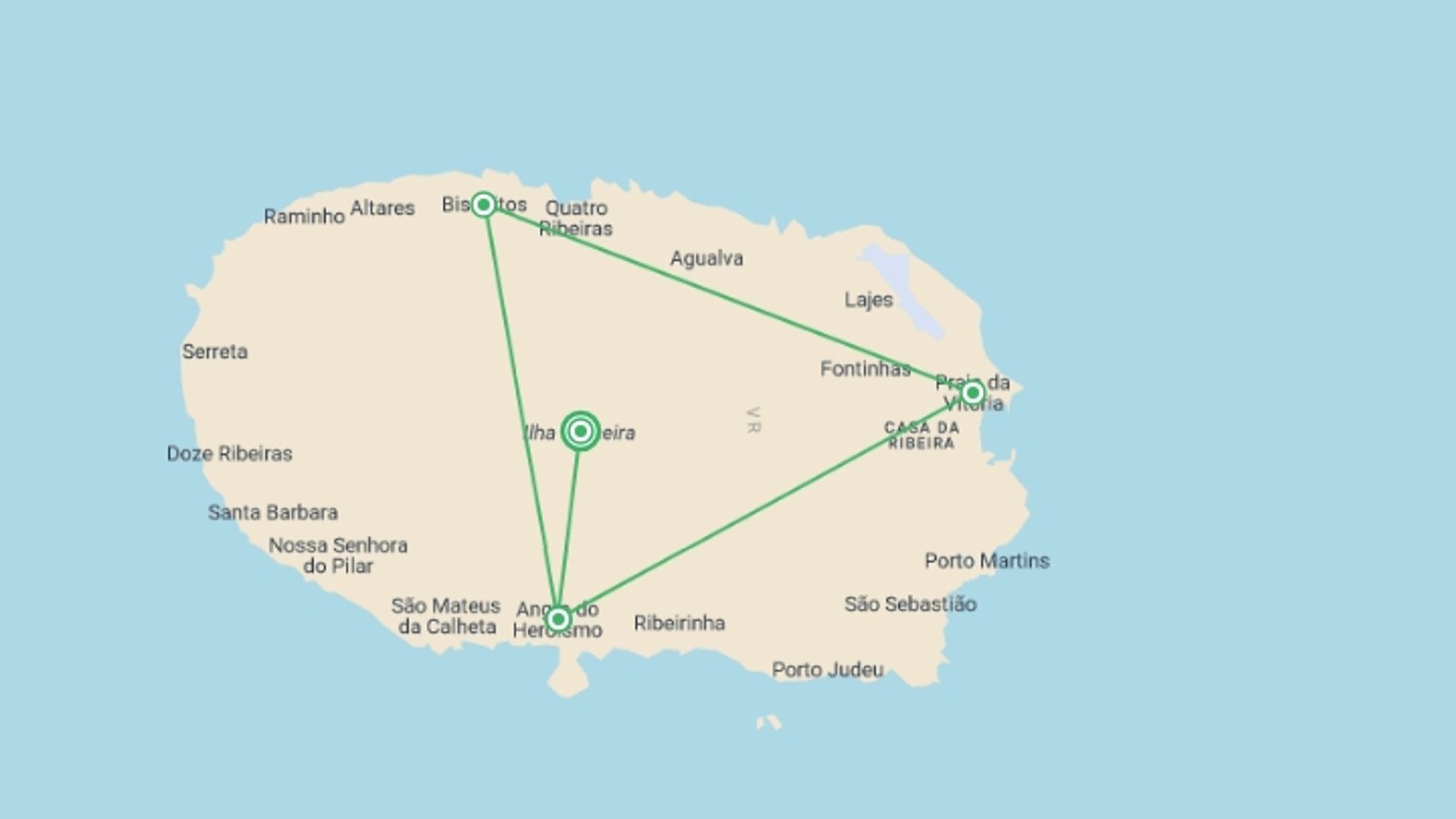 A map showing the tour itinerary for the trip: Short Break In Azores, Terceira Island, Self-drive, starting in Terceira Island, Portugal and ending in Terceira Island, Portugal going through 2 other destinations.