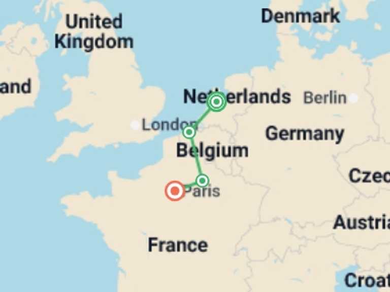 Map itinerary of Paris Tour in Summer with 4 destination visits for the trip: Canals, Champagne & Culture: A Journey through the Netherlands, Belgium & France featuring the Keukenhof Tulip Gardens