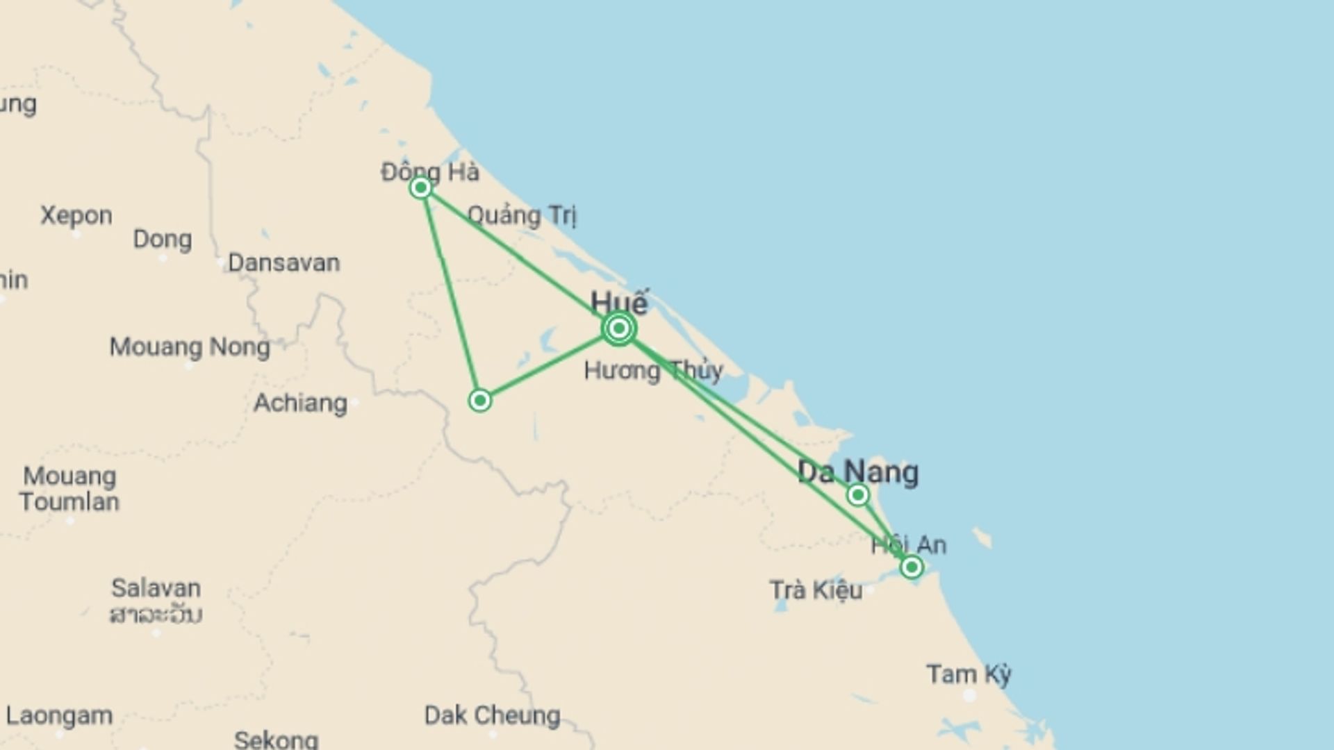 A map showing the tour itinerary for the trip: Unique Heritage Of Central Vietnam 7 Days 6 Nights, starting in Hue, Vietnam and ending in Hue, Vietnam going through 3 other destinations.
