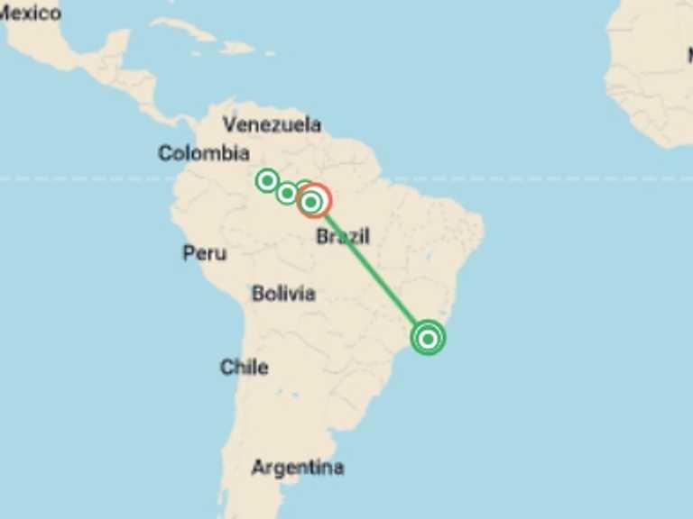 Map of Rio de Janeiro Tour with 9 destination visits for the trip: Rio de Janeiro and a cruise along the Amazon and the Rio Negro - An Exclusive Cruise through Pristine and Hidden Nature (port-to-port cruise)
