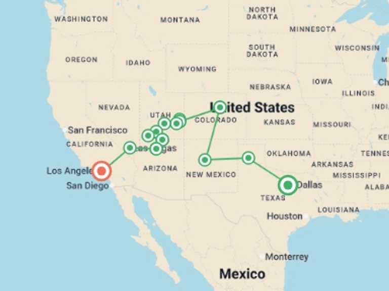 Map itinerary of Los Angeles Tour in December 2025 with 10 destination visits for the trip: USA: National Parks Road Trip
