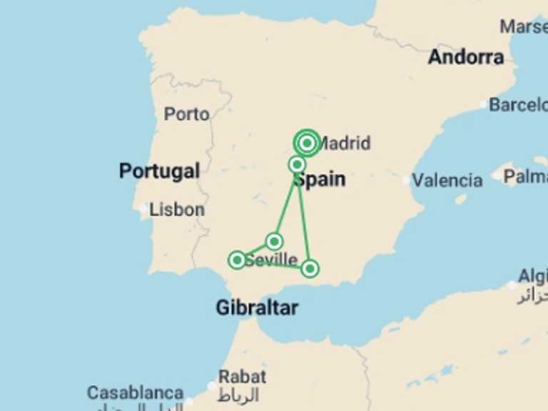 Map itinerary of Spain Tour in February 2026 with 5 destination visits for the trip: Essential Spain