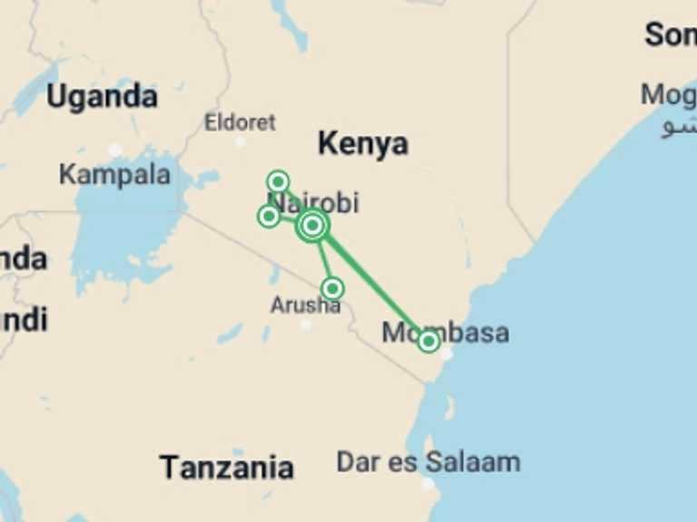 Map of Africa Tour with 7 destination visits for the trip: 9 Days Samburu, Nakuru, Masai Mara,Amboseli