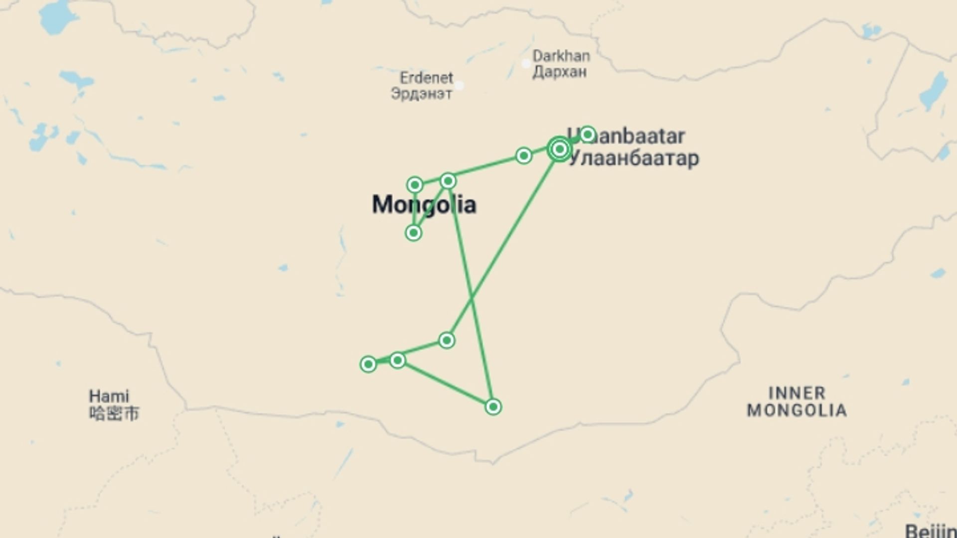 A map showing the tour itinerary for the trip: Discover Mongolia - Naadam Festival, starting in Ulaanbaatar, Mongolia and ending in Ulaanbaatar, Mongolia going through 11 other destinations.