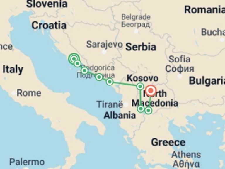 Map itinerary of Kotor Tour in June 2027 with 9 destination visits for the trip: Split to Skopje Real Food Adventure