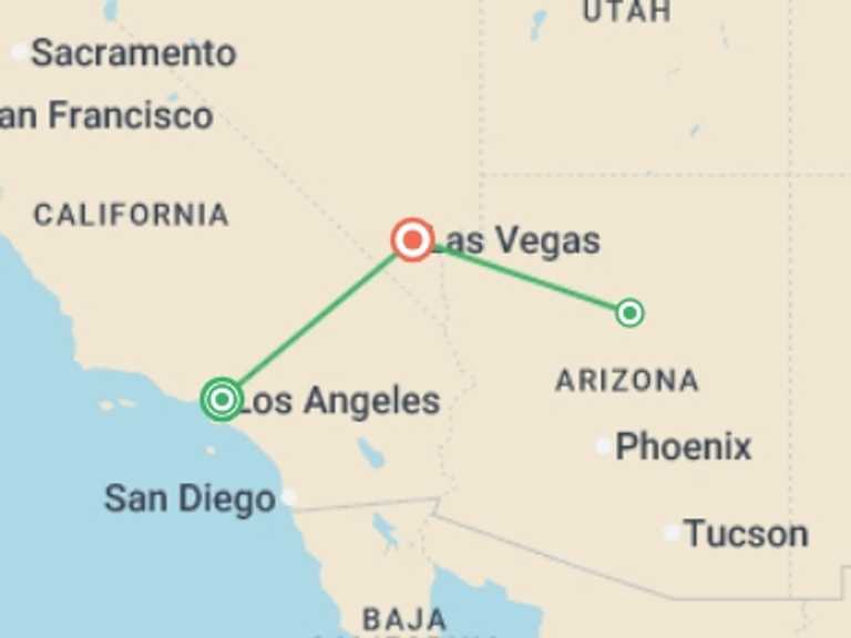 Map itinerary of USA Tour in March 2027 with 3 destination visits for the trip: Los Angeles, Las Vegas, and the Grand Canyon