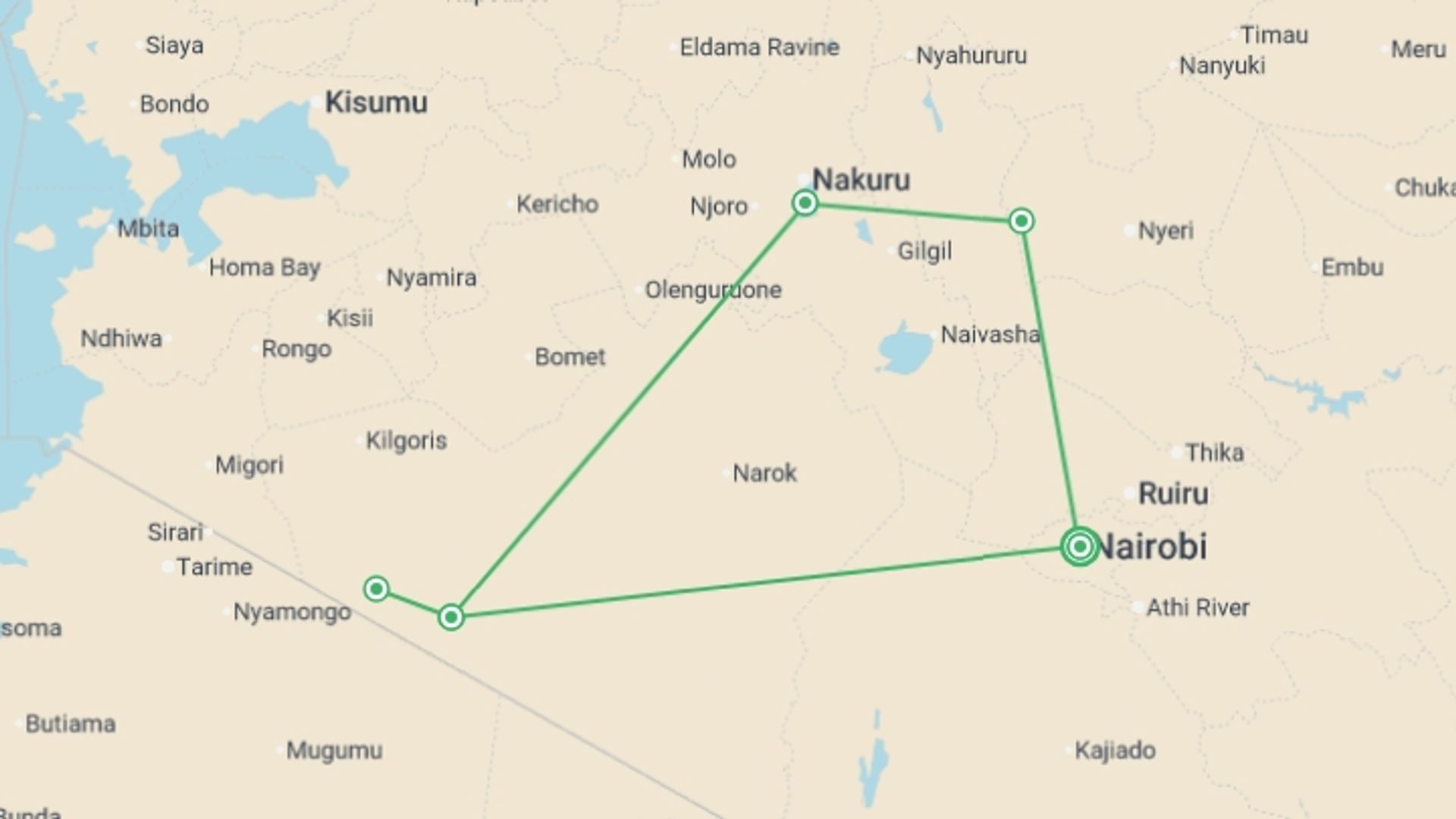 A map showing the tour itinerary for the trip: Upgraded - Highlights of Kenya, starting in Nairobi, Kenya and ending in Nairobi, Kenya going through 4 other destinations.