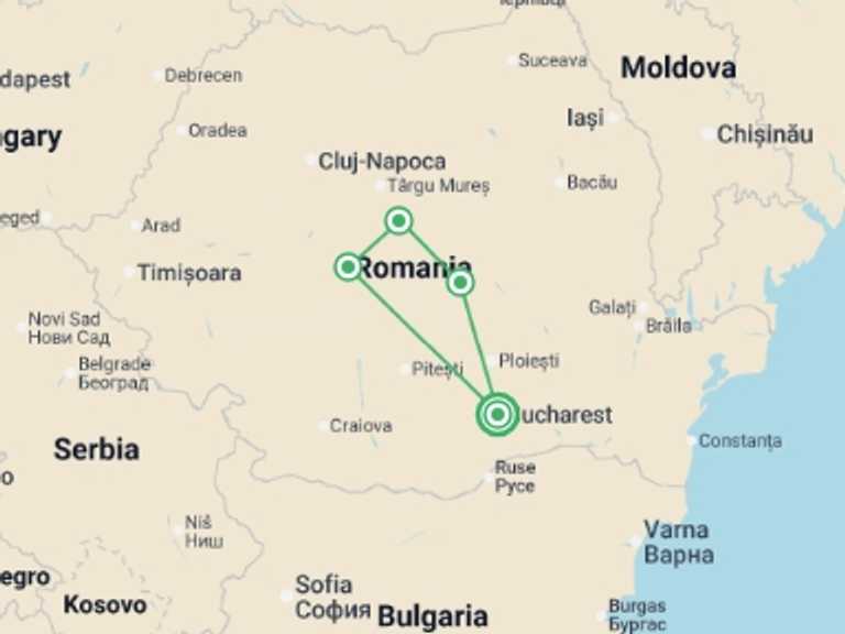 Map itinerary of Europe Tour in April 2026 with 4 destination visits for the trip: Castles & Legends of Transylvania - 4 days