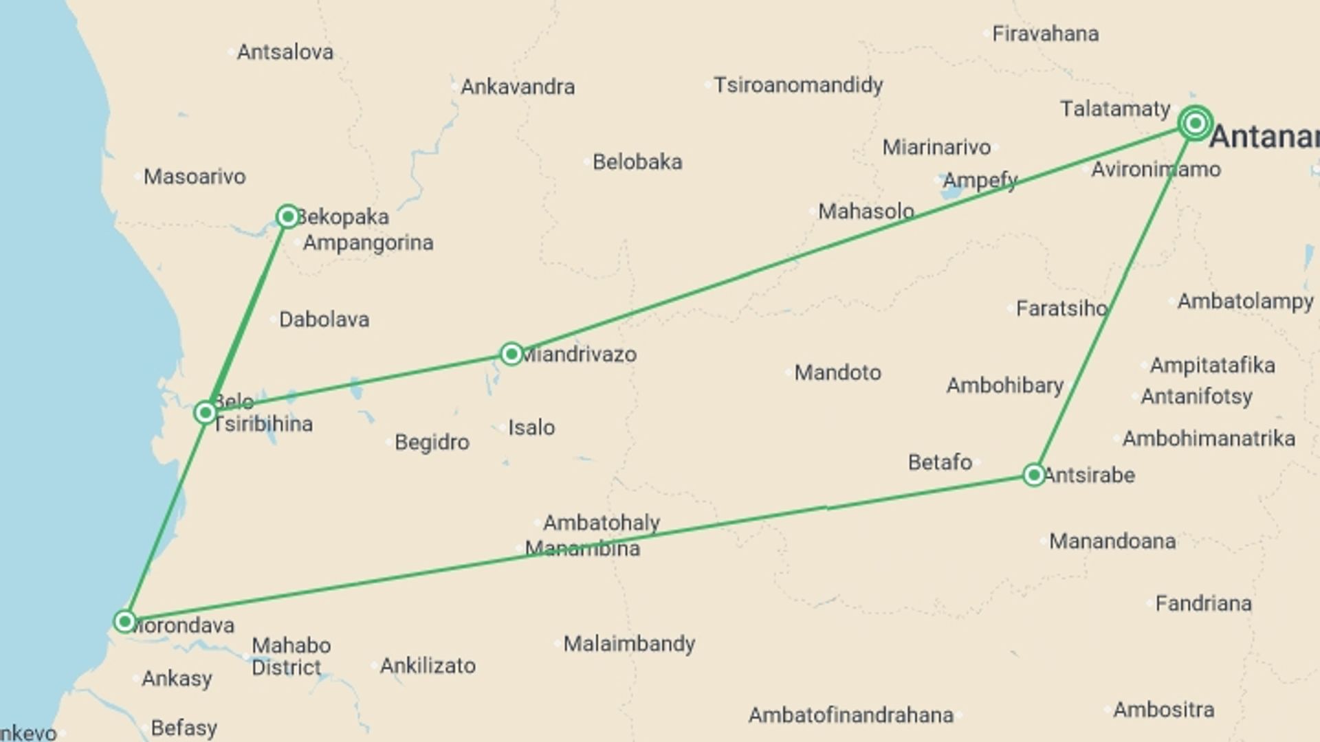A map showing the tour itinerary for the trip: Madagascar Baobabs & Beyond, starting in Antananarivo, Madagascar and ending in Antananarivo, Madagascar going through 5 other destinations.