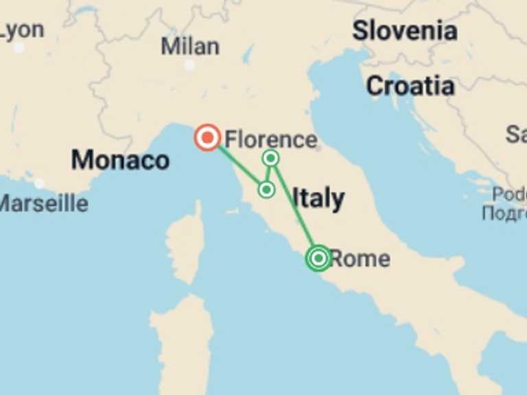 Map of 8-Day Rome Tour with 5 destination visits for the trip: Flavours of Tuscany & Cinque Terre