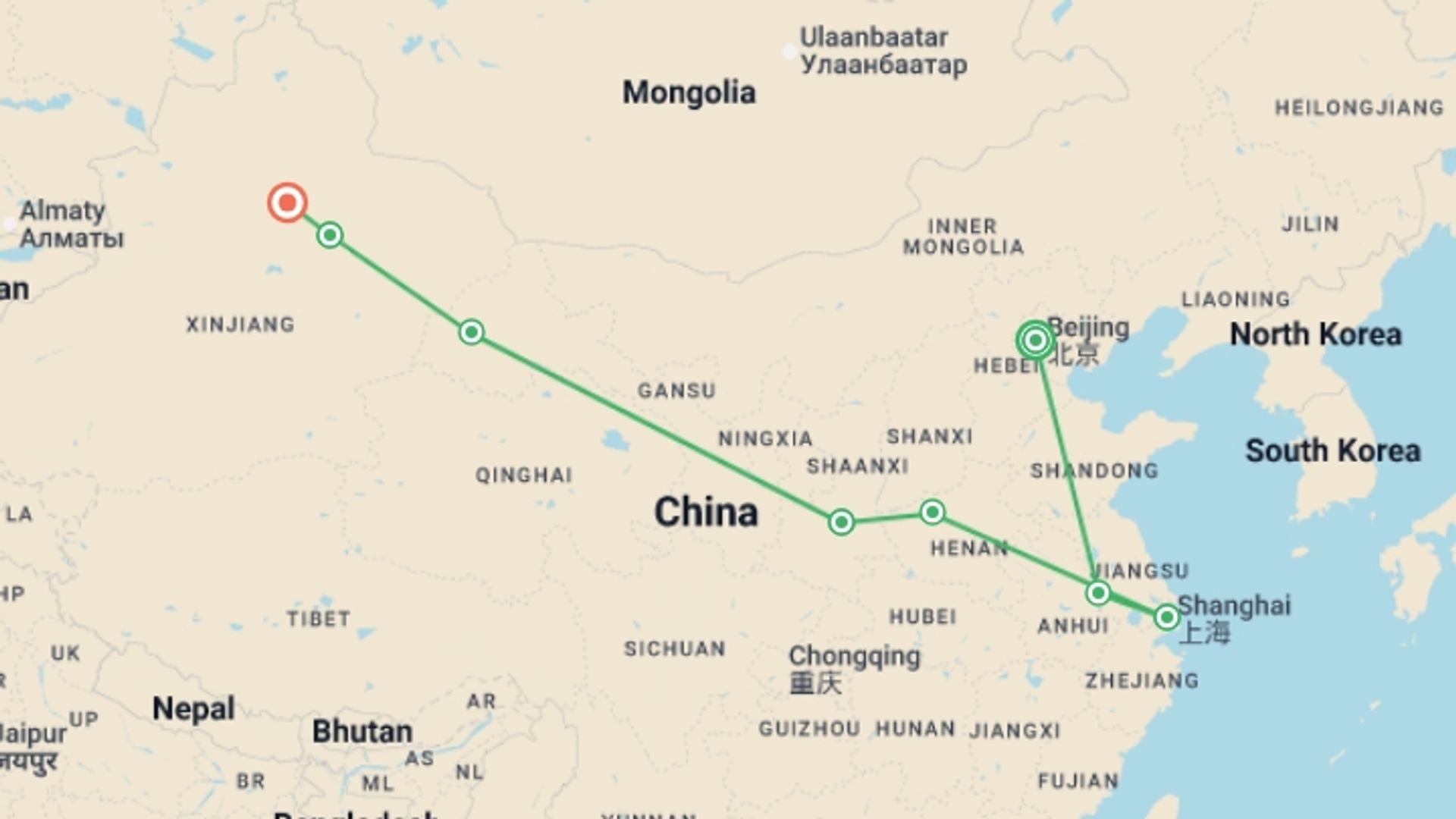 A map showing the tour itinerary for the trip: Exploring the Silk Road, starting in Beijing, China and ending in Urumqi, China going through 6 other destinations.