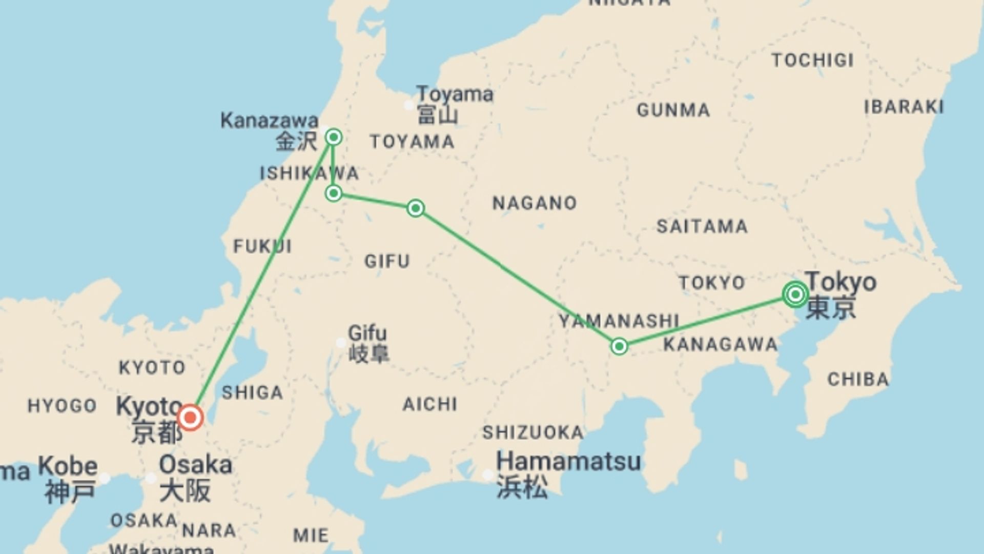 A map showing the tour itinerary for the trip: Classic Japan Starting Tokyo, starting in Tokyo, Japan and ending in Kyoto, Japan going through 2 other destinations.