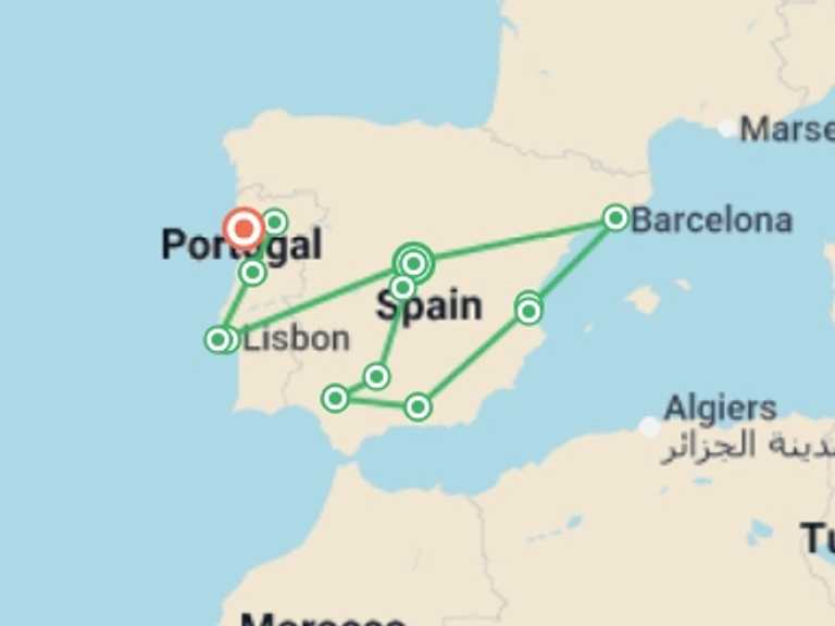 Map itinerary of Barcelona Tour in April 2026 with 10 destination visits for the trip: Premium Spain & Portugal
