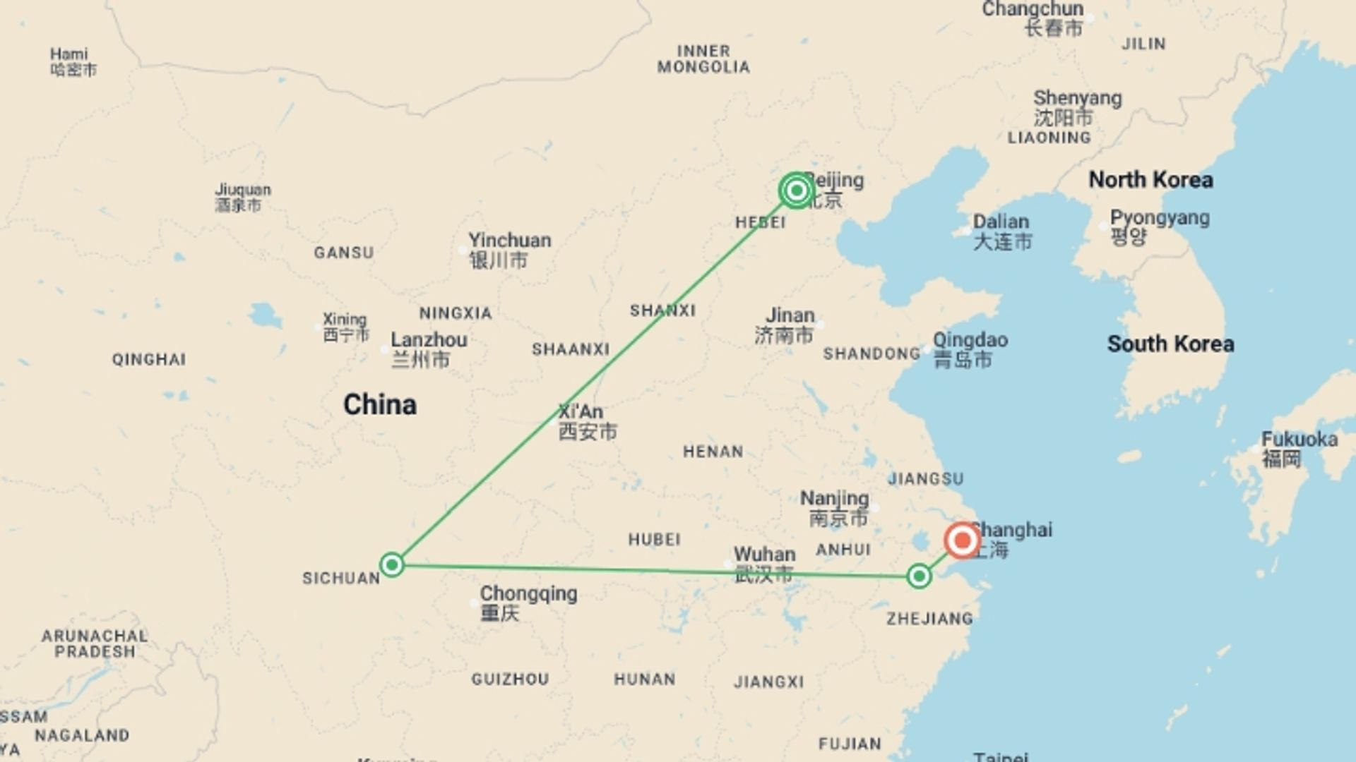 A map showing the tour itinerary for the trip: Culinary China Adventure (4-5 Star) - 10 days, starting in Beijing, China and ending in Shanghai, China going through 3 other destinations.