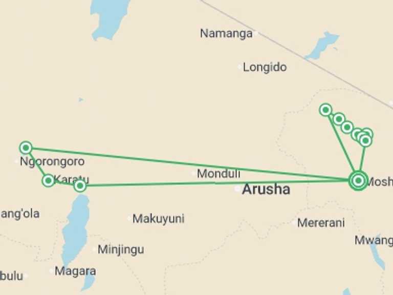 Map itinerary of Africa Tour in September 2026 with 10 destination visits for the trip: Kilimanjaro - Lemosho Trek + Safari Extension