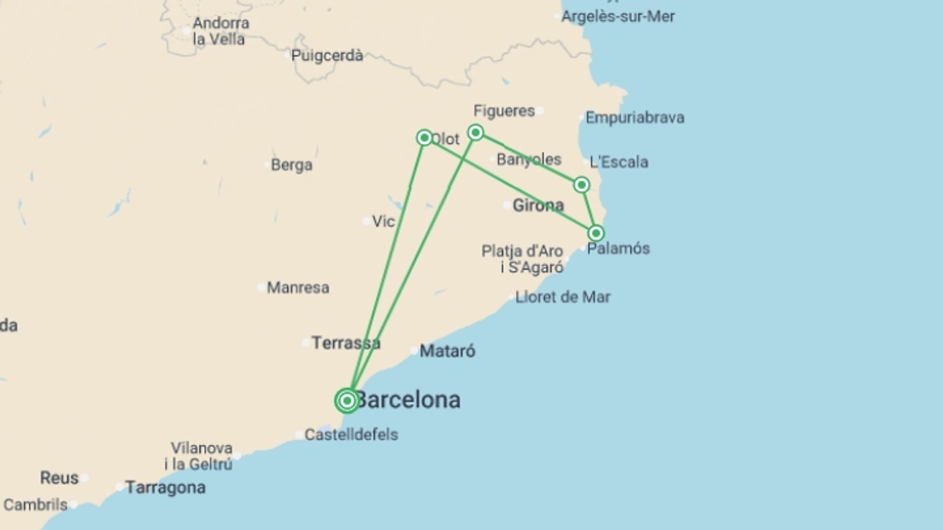 A map showing the tour itinerary for the trip: Cycling Girona and the Catalan Coast, starting in Barcelona, Spain and ending in Barcelona, Spain going through 5 other destinations.
