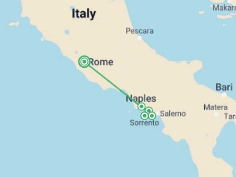 Map of 5-Day Rome Tour with 4 destination visits for the trip: Majestic Coasts: Sorrento to Amalfi Discovery