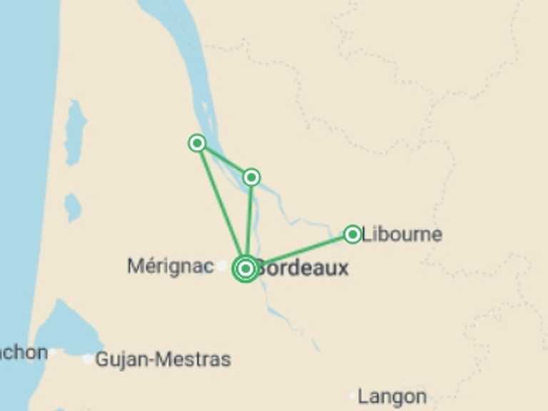 Map itinerary of Mediterranean Tour in March 2027 with 4 destination visits for the trip: Brilliant Bordeaux (2027)