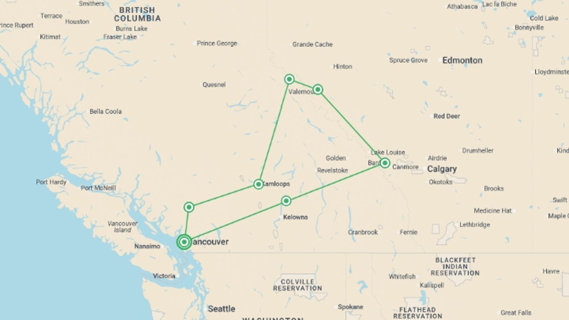 A map showing the tour itinerary for the trip: Canada and the Rockies, starting in Vancouver, Canada and ending in Vancouver, Canada going through 5 other destinations.