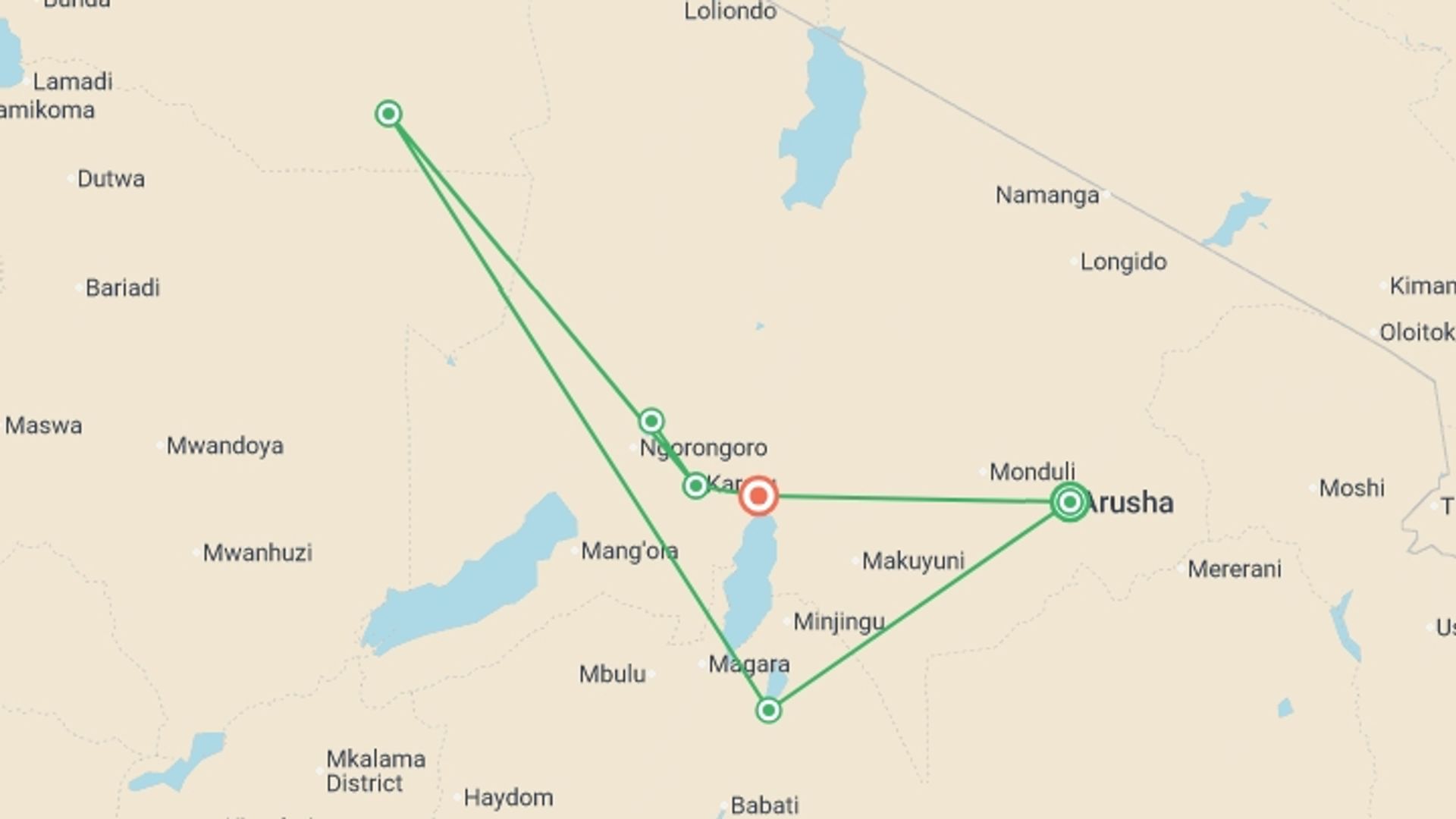 A map showing the tour itinerary for the trip: Tanzania Wildlife Week - 7 days, starting in Arusha, Tanzania and ending in Lake Manyara National Park, Tanzania going through 4 other destinations.