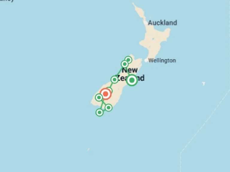 Map of a Adventure and sport Tour with 9 destination visits for the trip: New Zealand South Island Adventure