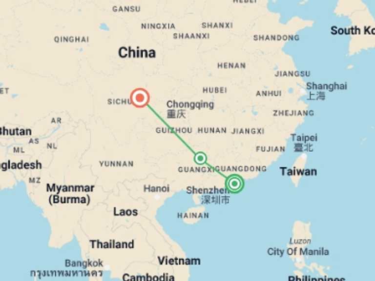 Map of Yangshuo Tour with 3 destination visits for the trip: Hong Kong to Chengdu -  9 days
