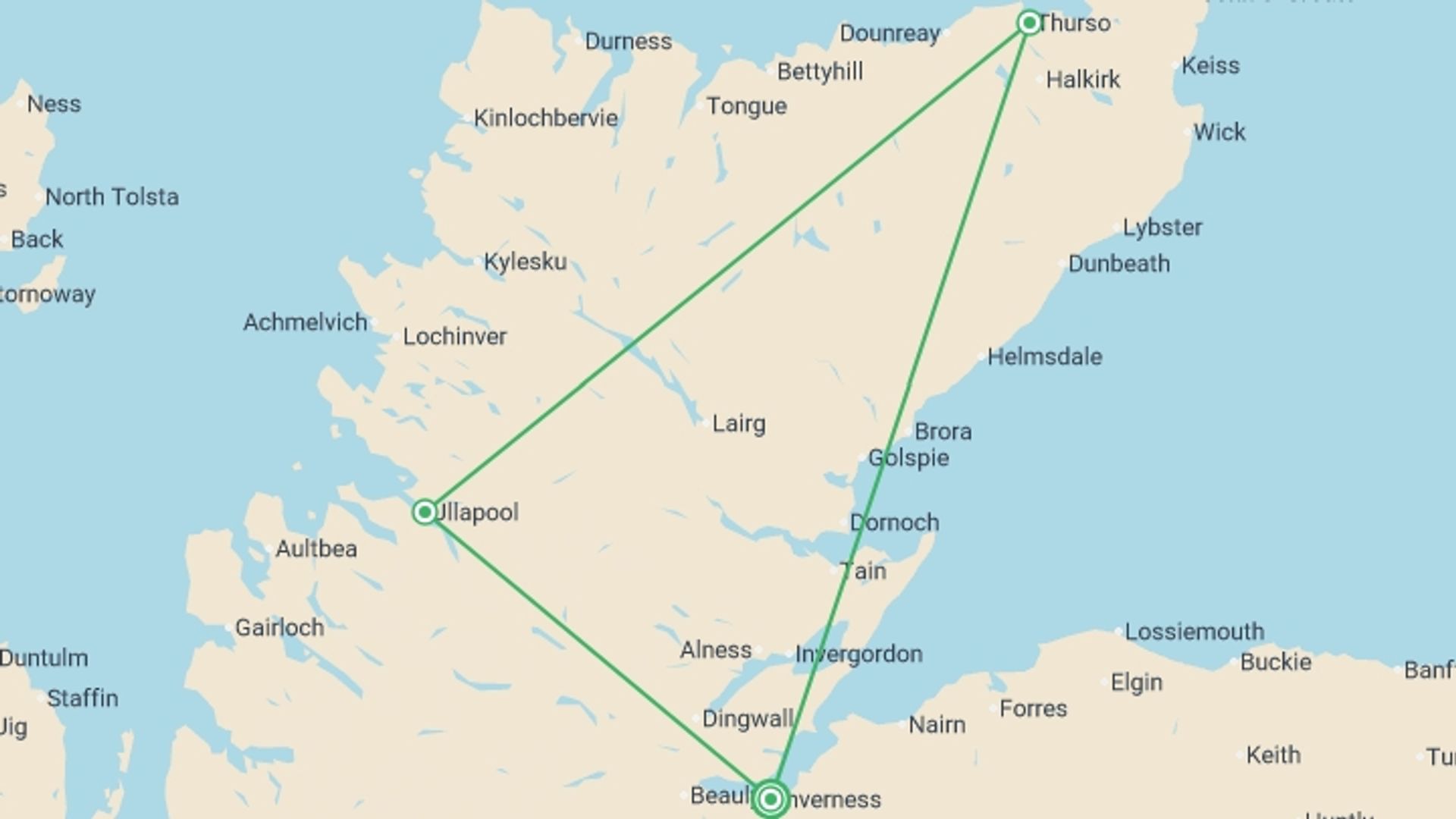 A map showing the tour itinerary for the trip: Best of the North Coast 500 - 3 days, starting in Inverness, Scotland and ending in Inverness, Scotland going through 2 other destinations.