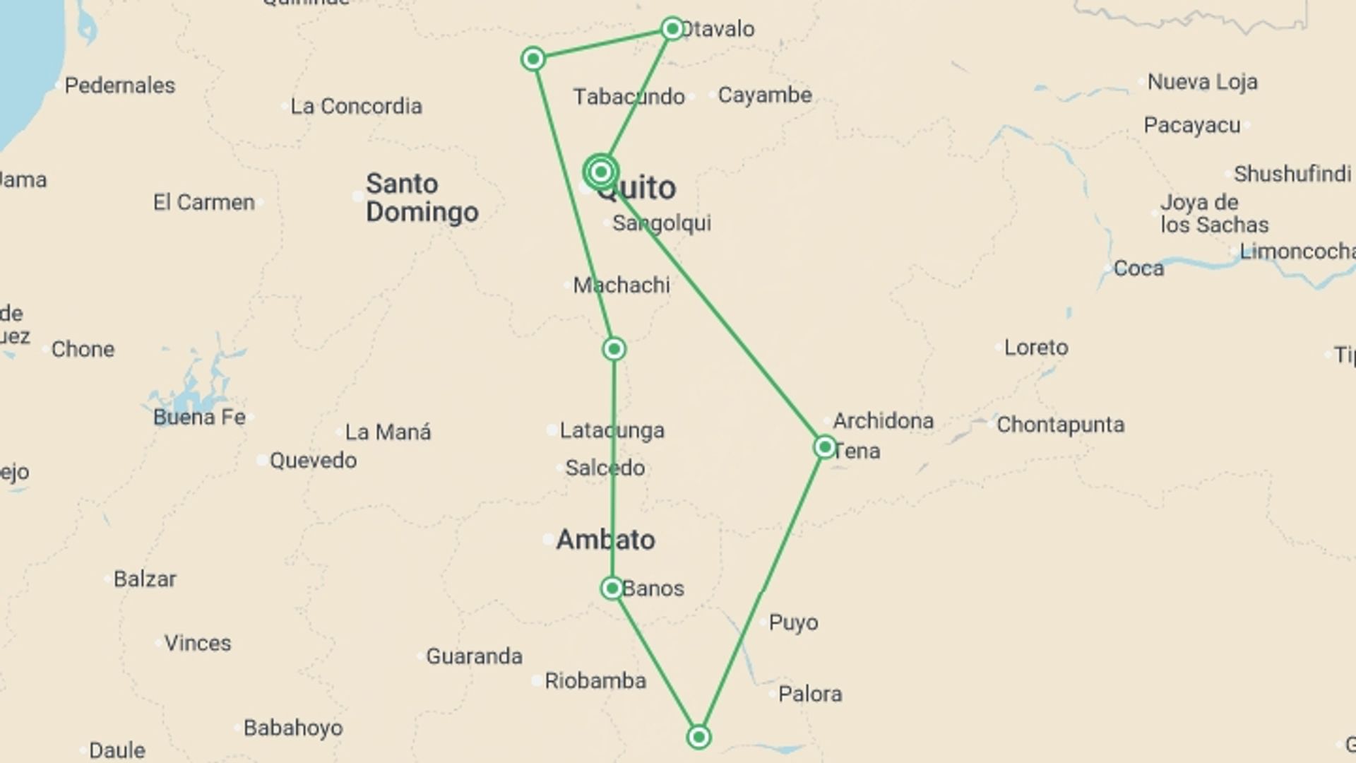A map showing the tour itinerary for the trip: Ecuador Highlands, starting in Quito, Ecuador and ending in Quito, Ecuador going through 4 other destinations.