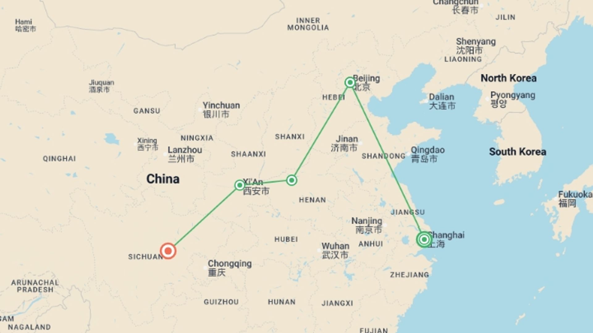 A map showing the tour itinerary for the trip: Shanghai to Chengdu Panda-monium - 11 days, starting in Shanghai, China and ending in Chengdu, China going through 3 other destinations.
