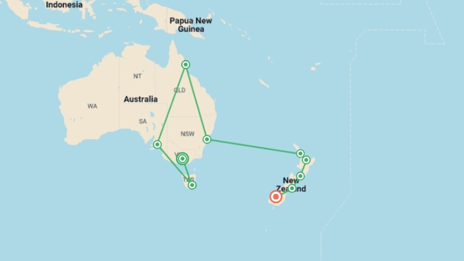 A map showing the tour itinerary for the trip: The Complete South Pacific , starting in Melbourne, Australia and ending in Queenstown, New Zealand going through 8 other destinations.