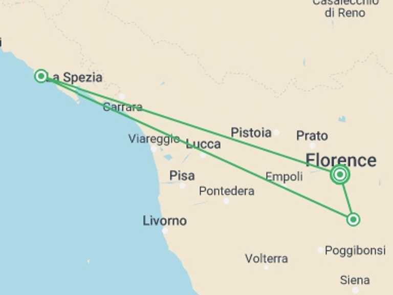 Map of Florence Sightseeing Tour with 3 destination visits for the trip: Tuscany to Cinque Terre: Wines, Villages & Unforgettable Walks
