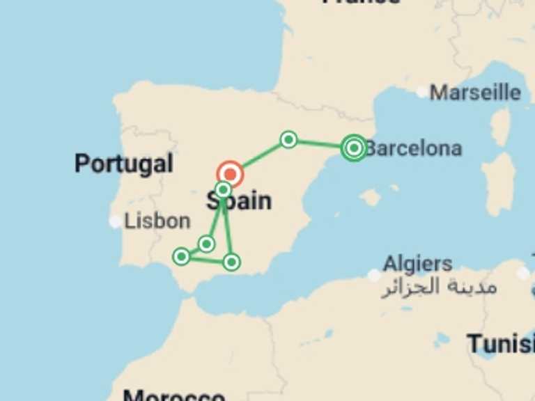 Map itinerary of Spain Tour in March 2027 with 4 destination visits for the trip: Barcelona, Seville & Alhambra - 9 days