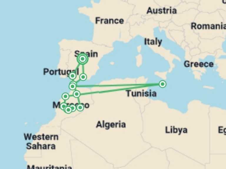 Map of Spain Tour with 9 destination visits for the trip: Madrid and Magical Morocco
