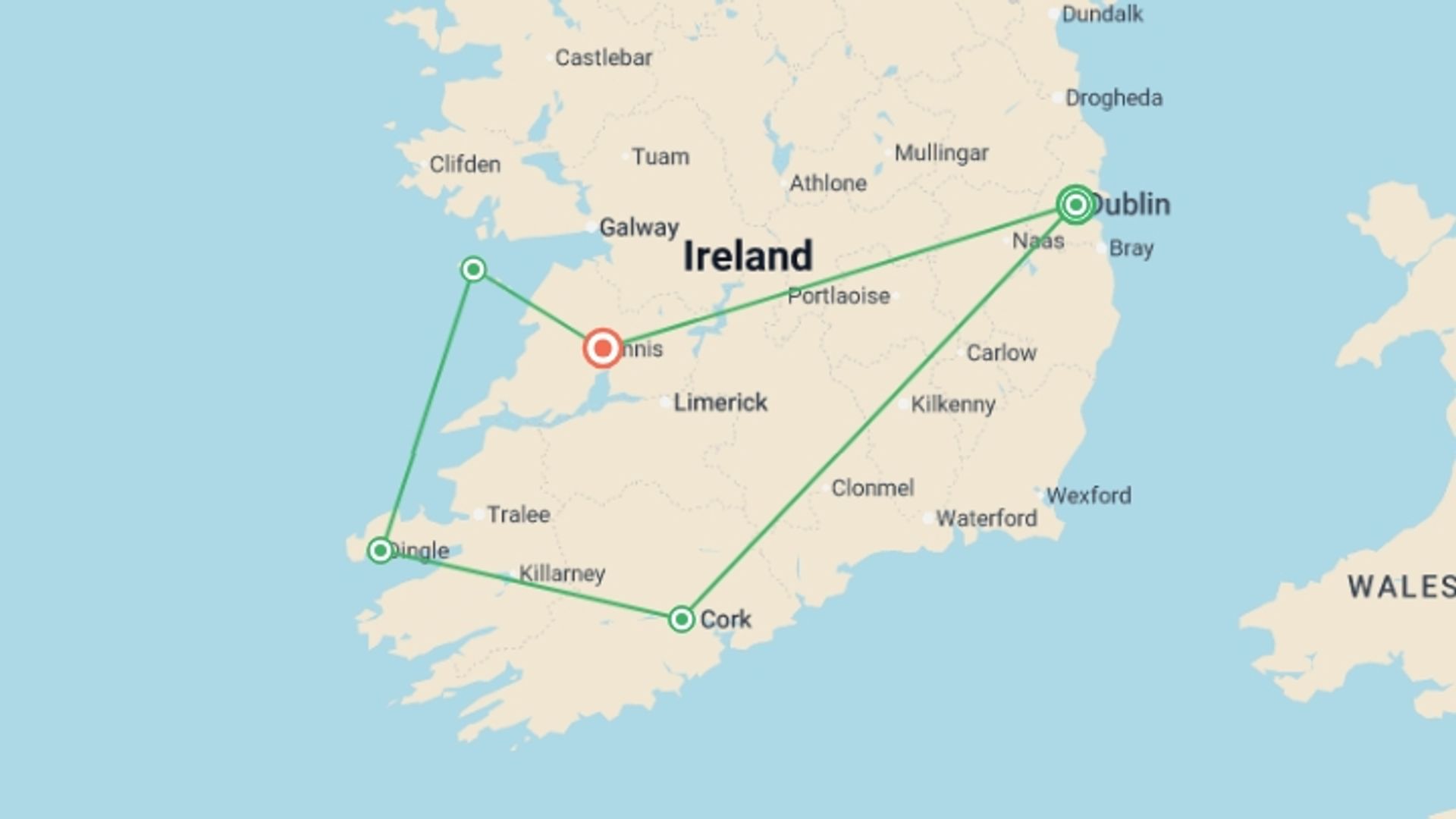A map showing the tour itinerary for the trip: Countryside of the Emerald Isle , starting in Dublin, Ireland and ending in Ennis, Ireland going through 0 other destinations.