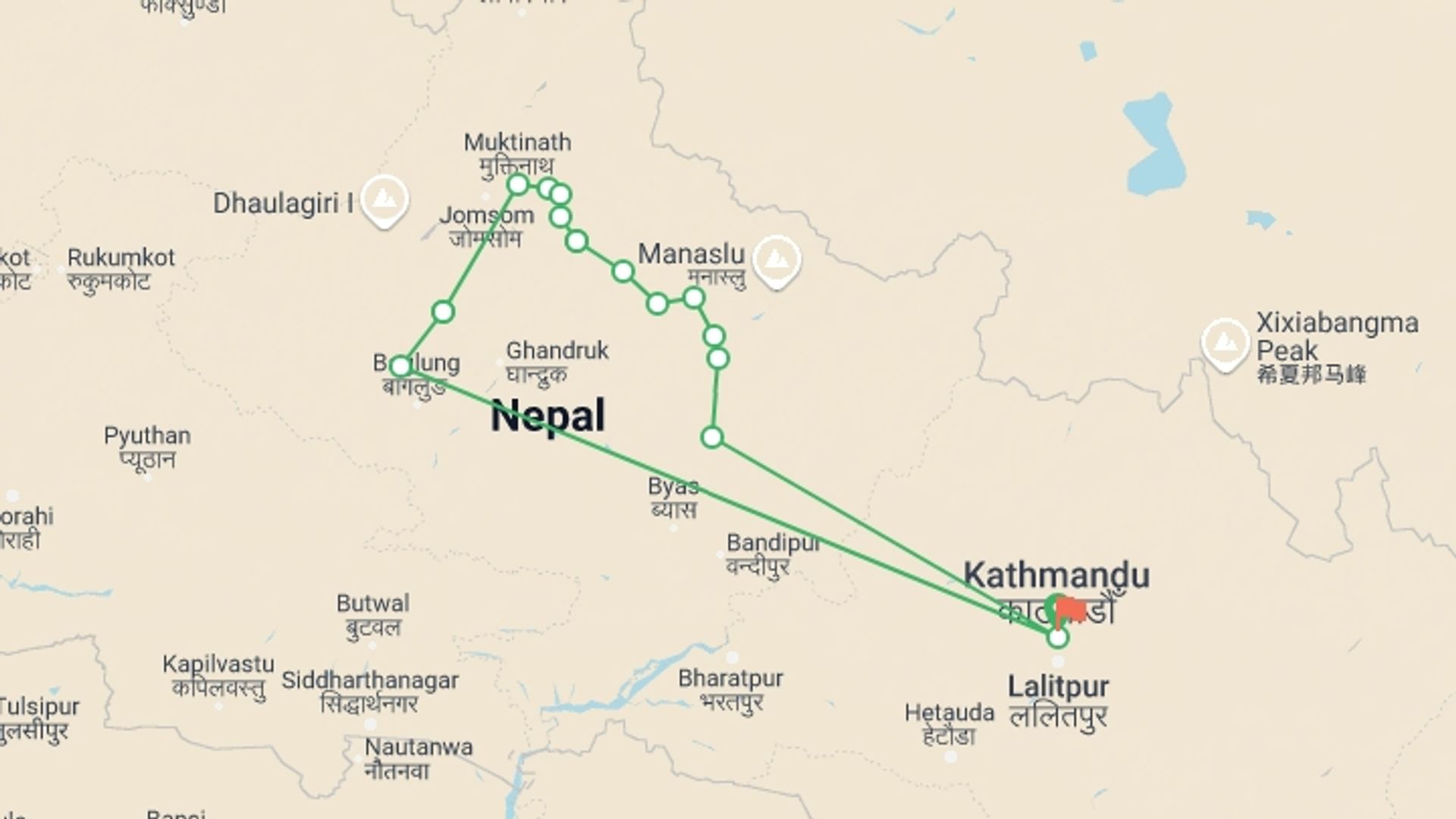 A map showing the tour itinerary for the trip: Annapurna Circuit Trek, starting in Kathmandu, Nepal and ending in Kathmandu, Nepal going through 12 other destinations.