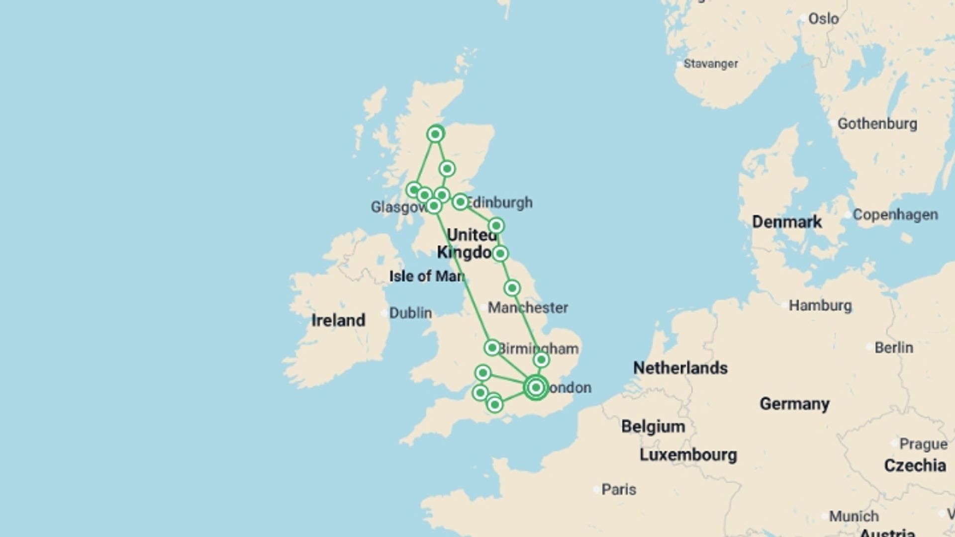 A map showing the tour itinerary for the trip: London, the Highlands, and Southern England, starting in London, England and ending in London, England going through 6 other destinations.