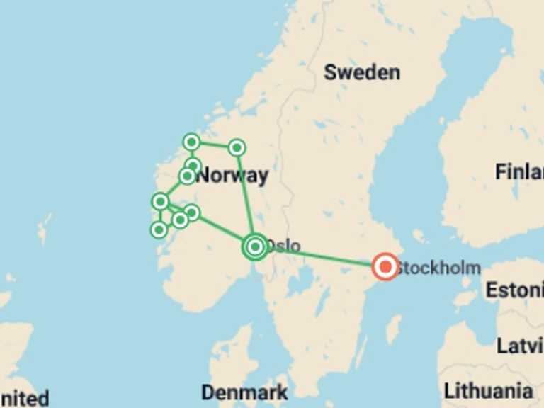 Map of 10-Day Scandinavia Tour with 7 destination visits for the trip: Norwegian Fjords Charms And Traditions With Stockholm