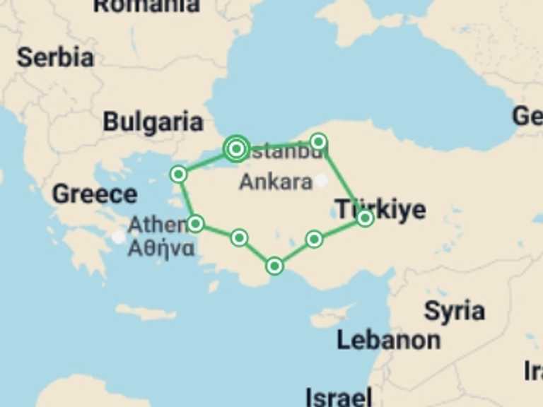 Map of a Bus Tour with 8 destination visits for the trip: Treasures of Turkey