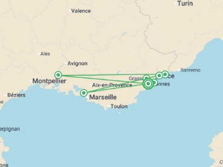 Map itinerary of Europe Tour in October 2026 with 2 destination visits for the trip: Cannes, Monaco & Cote d'Azur - 8 days