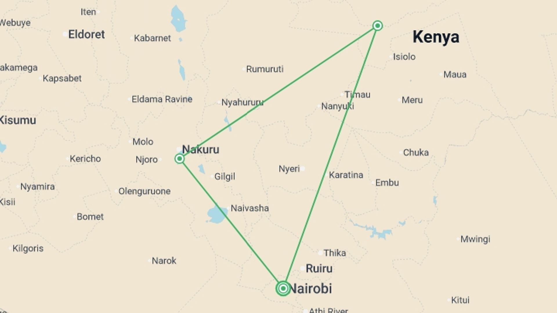 A map showing the tour itinerary for the trip: Kenya Highlights Safari 4D/3N (Lake Nakuru & Samburu), starting in Nairobi, Kenya and ending in Nairobi, Kenya going through 2 other destinations.