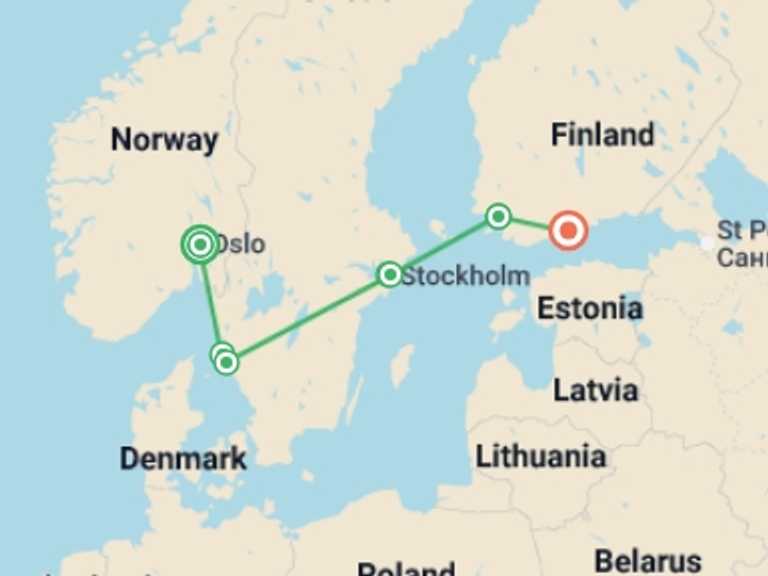 Map of Finland and Norway Tour with 7 destination visits for the trip: Best of Norway, Sweden & Finland