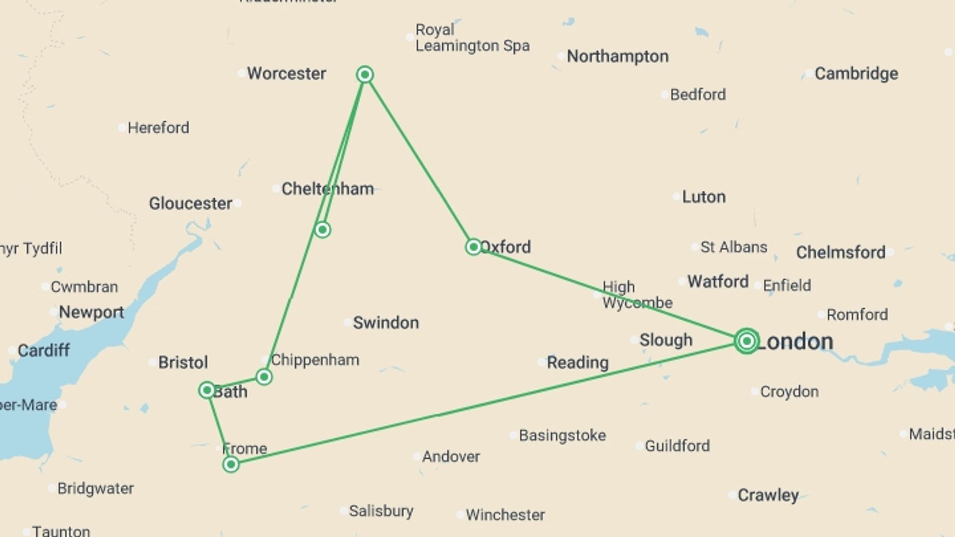 A map showing the tour itinerary for the trip: Heart of England, starting in London, England and ending in London, England going through 2 other destinations.