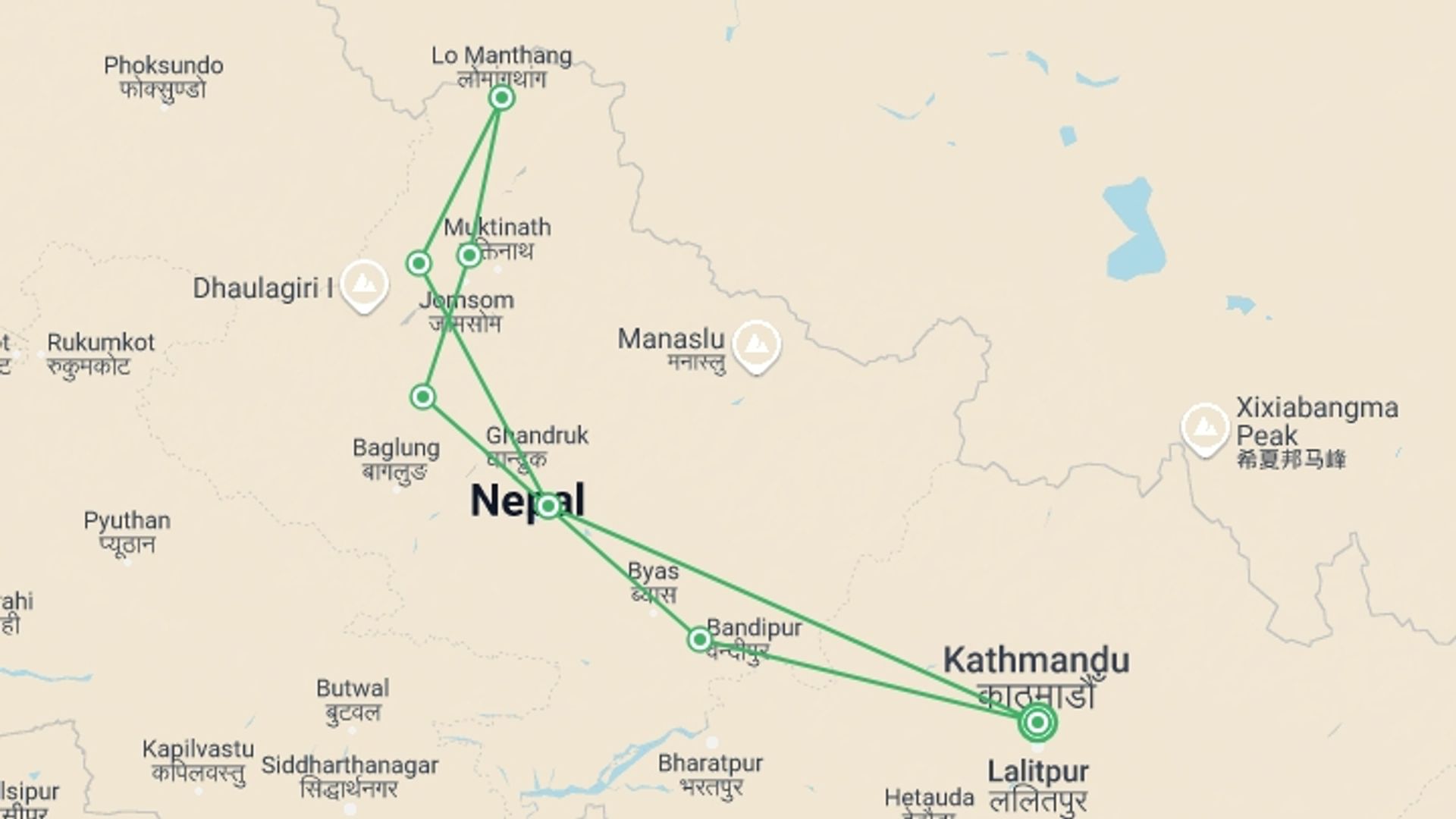 A map showing the tour itinerary for the trip: Upper Mustang Jeep Tour, starting in Kathmandu, Nepal and ending in Kathmandu, Nepal going through 7 other destinations.