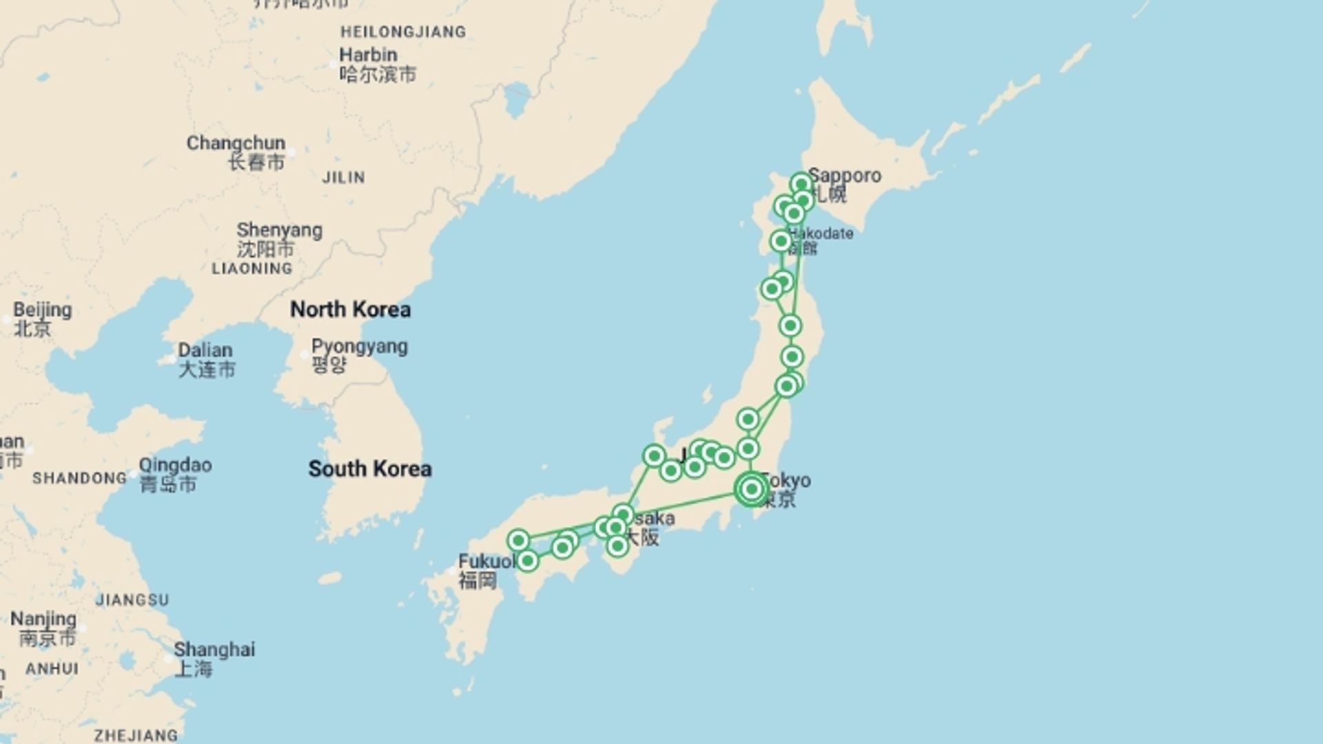 A map showing the tour itinerary for the trip: Japan Awaits You, starting in Tokyo, Japan and ending in Tokyo, Japan going through 15 other destinations.