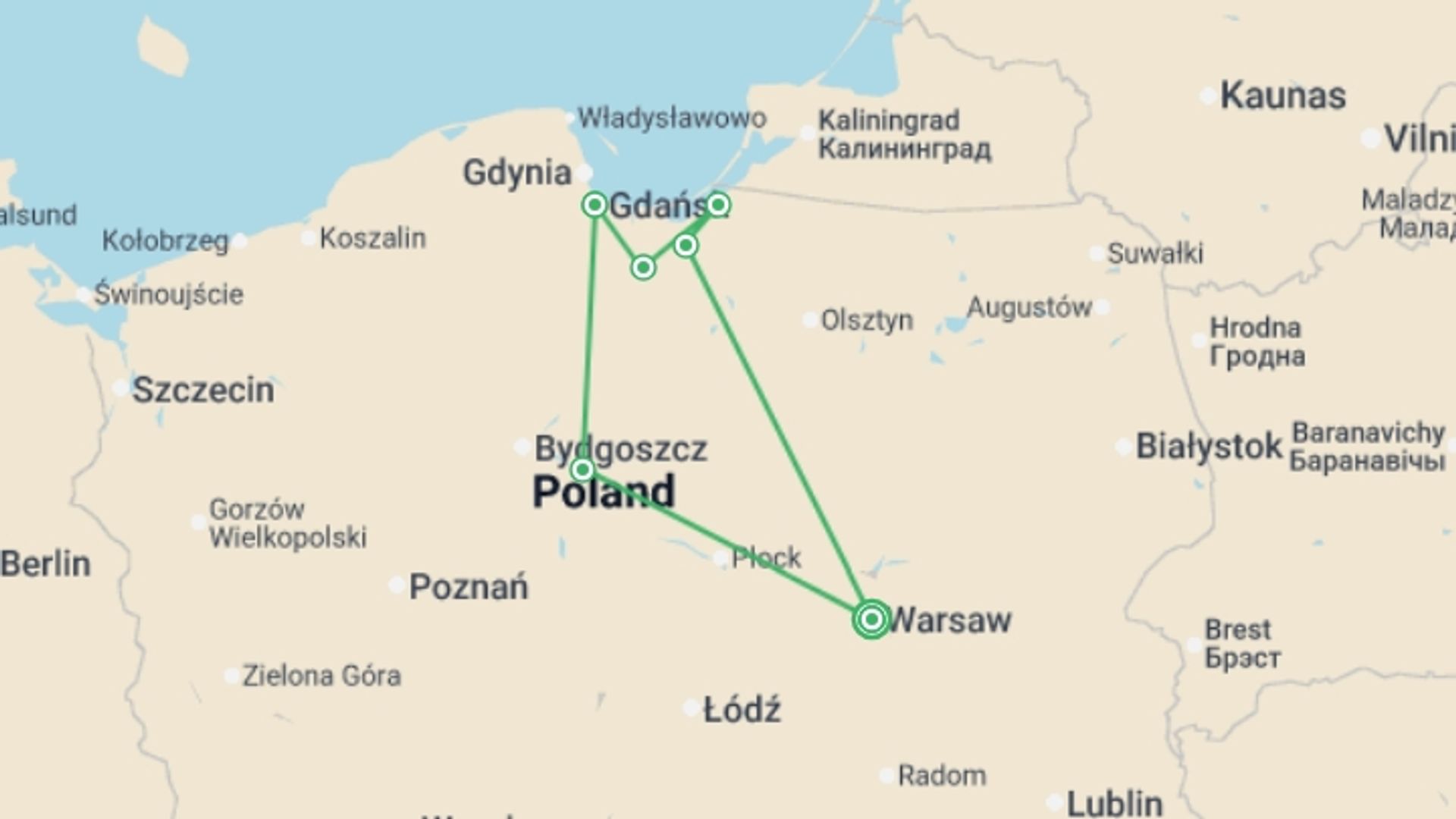 A map showing the tour itinerary for the trip: Polish Triangle, starting in Warsaw, Poland and ending in Warsaw, Poland going through 1 other destinations.