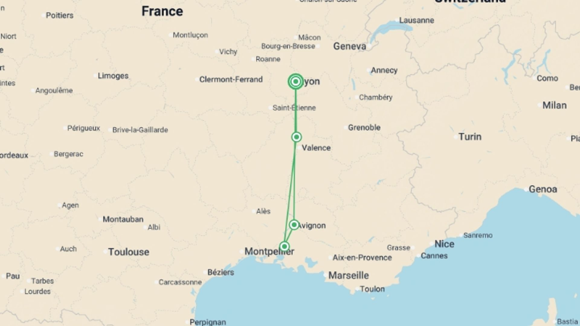 A map showing the tour itinerary for the trip: A Christmas in Provence (port-to-port cruise), starting in Lyon, France and ending in Lyon, France going through 3 other destinations.