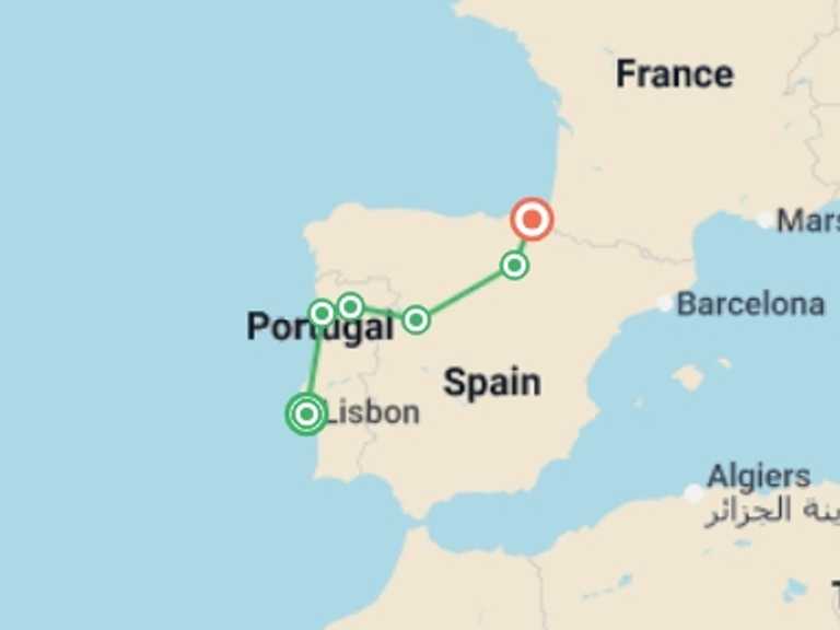 Map itinerary of Europe Tour in April 2026 with 7 destination visits for the trip: Flavors of Portugal & Spain featuring the Douro and Rioja Wine Regions