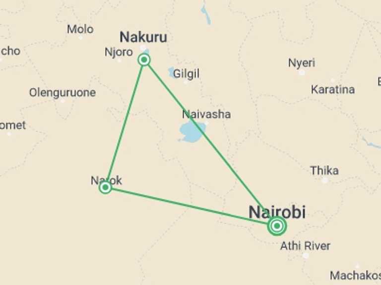 Map of Africa Wildlife safaris and game drives Tour with 4 destination visits for the trip: 4-Days Masai Mara & Lake Nakuru Safari - All Inclusive