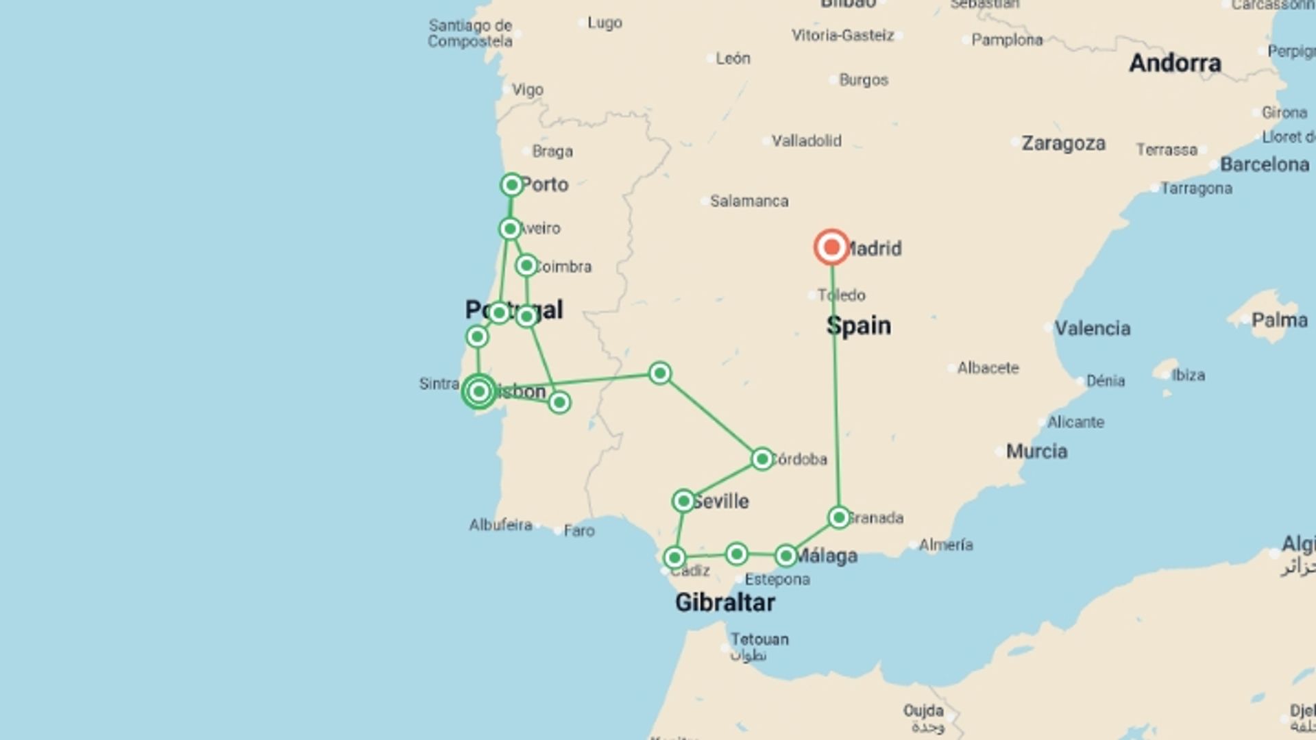 A map showing the tour itinerary for the trip: Portugal, Andalusia & Madrid - 15 days, starting in Lisbon, Portugal and ending in Madrid, Spain going through 7 other destinations.